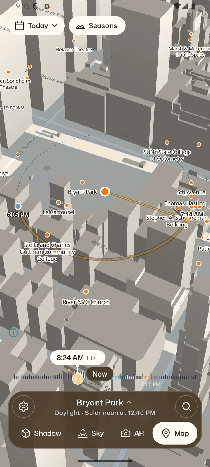 Senja's Map at Bryant Park, New York: 3D buildings and their shadows at 8:24 AM.