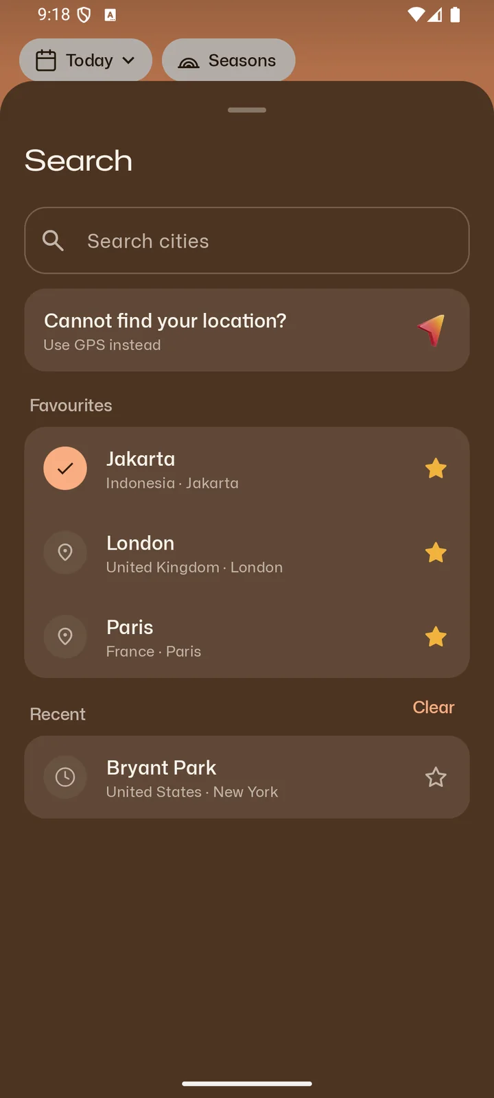 Senja's search sheet with favourite places Jakarta, London and Paris, and a recent search for Bryant Park.