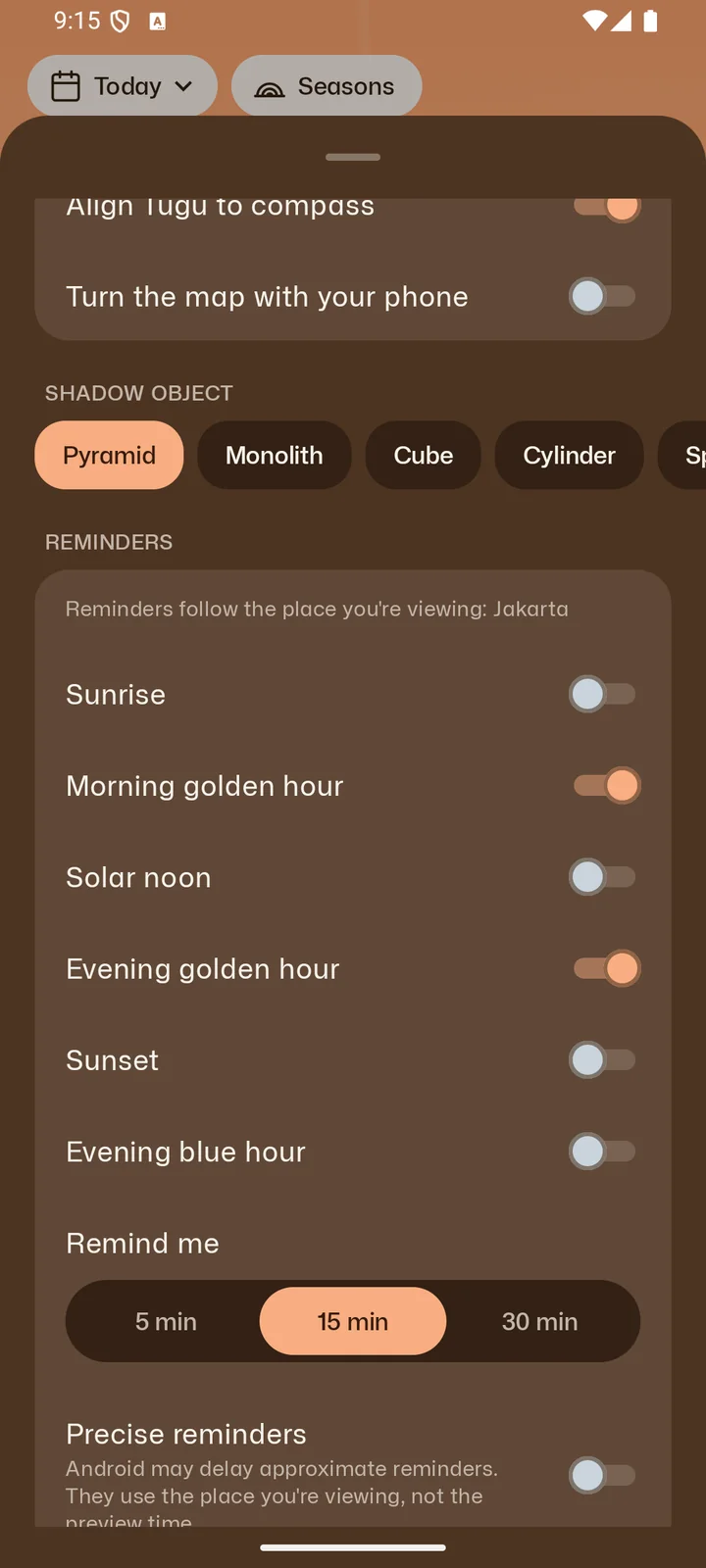 Senja's reminder settings with morning and evening golden hour switched on, 15 minutes ahead.