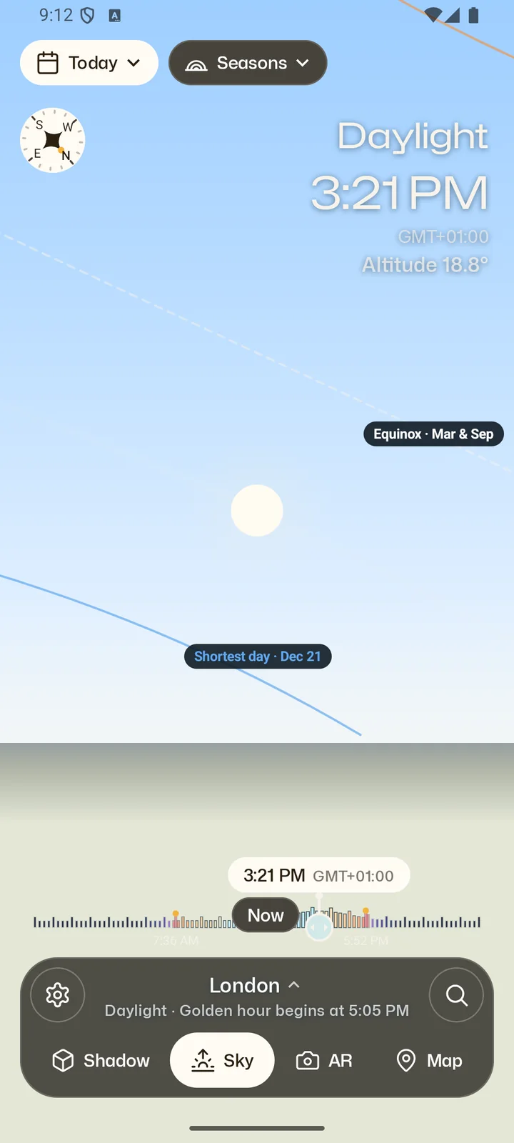 Senja's Sky in London with the equinox and shortest-day sun paths drawn across it.